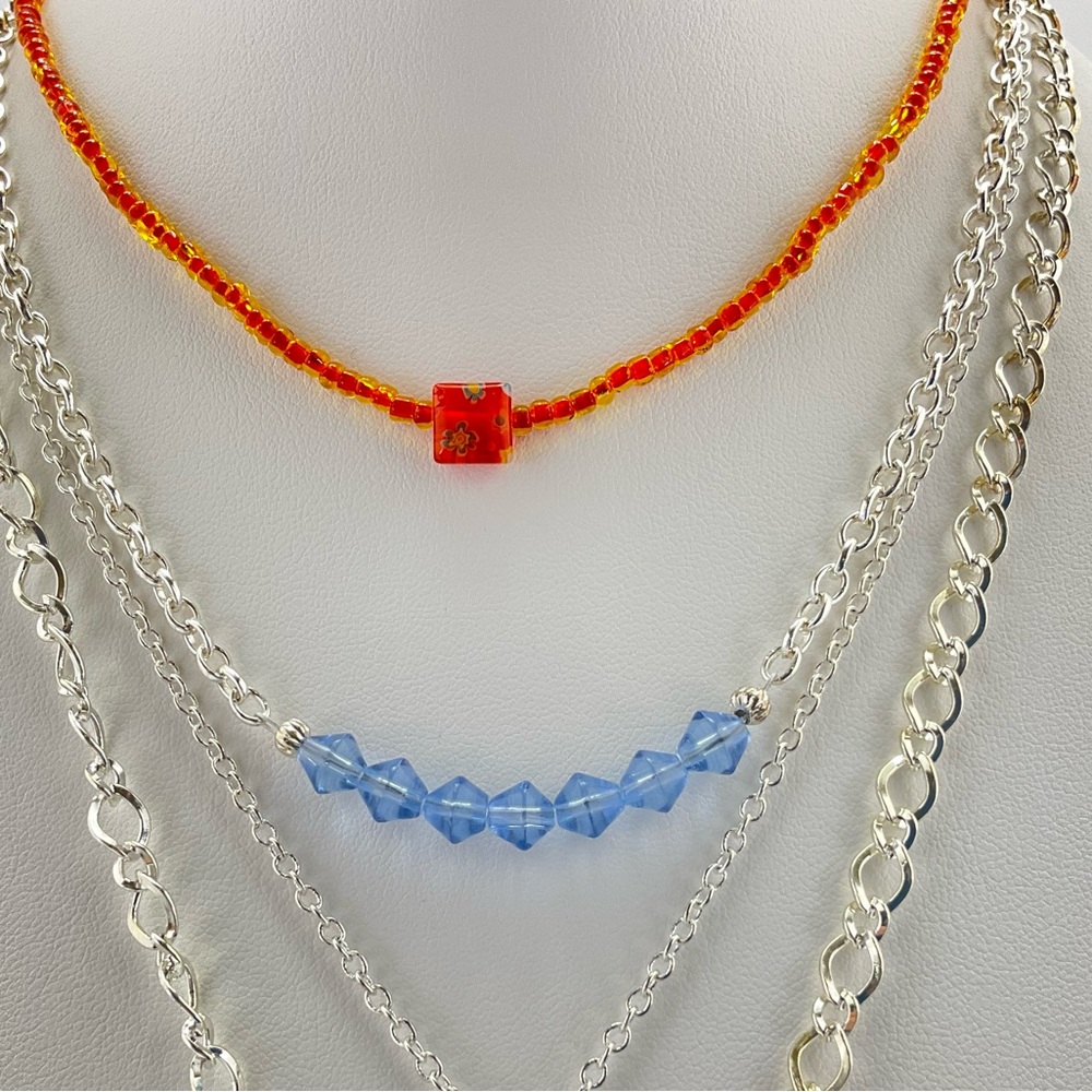 Colorful Layered Necklace Set, Handmade, Pearls, Art Glass Beads, Millefiori - Picture 3 of 8
